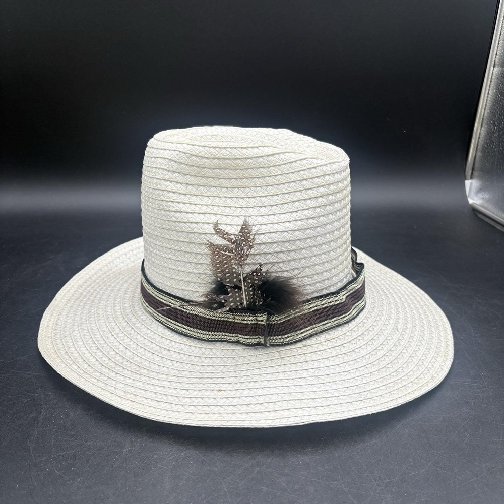 Vintage Women's & Men's Tall White Straw Fedora Hat with Feather